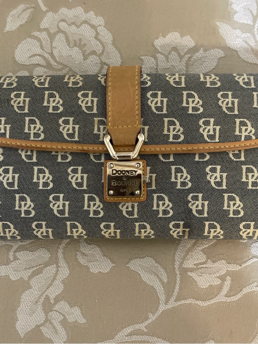 Vintage Dooney & Bourke Monogram Roll Clutch in Gray and Tan